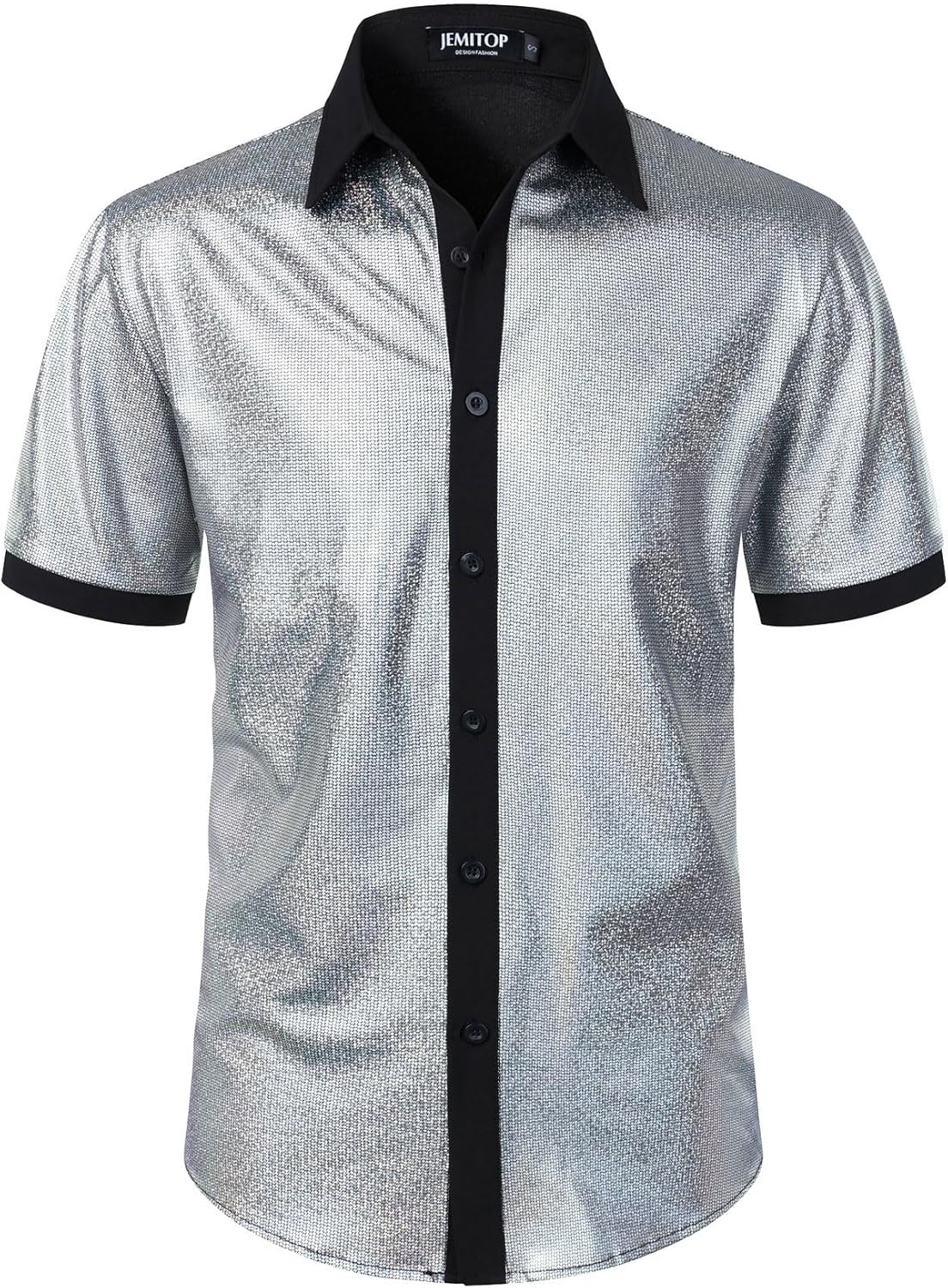 JEMITOP Men's Shiny Metallic Sequin Stretchy Short Sleeve Button Down Shirts for 70s Disco Party Halloween