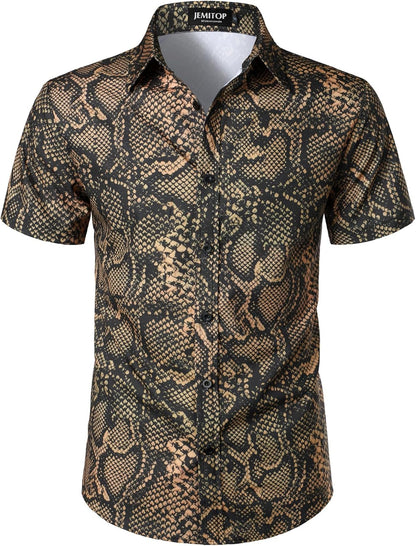 JEMITOP Men's Stretchy Causal Leopard Cheetah Print Short Sleeve Slim Fit Button Up Shirt