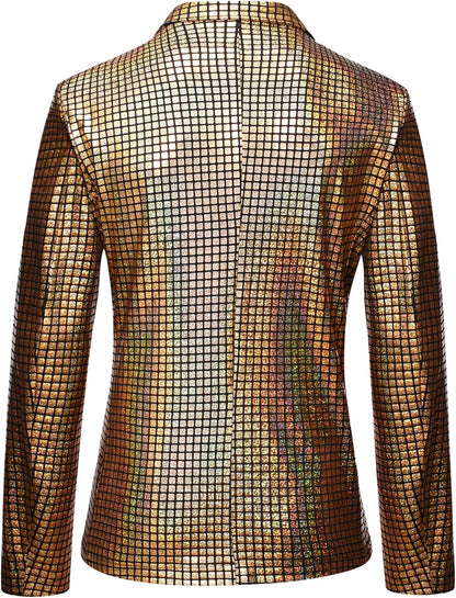 JEMITOP Men's 70s Disco 2 Piece Set Stretchy Shiny Suits Sequin Jacket and Pants
