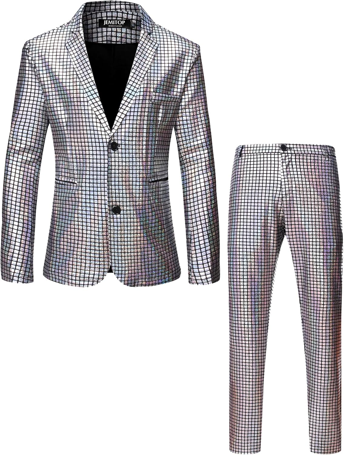 JEMITOP Men's 70s Disco 2 Piece Set Stretchy Shiny Suits Sequin Jacket and Pants