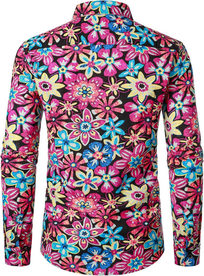 JEMITOP Men's Cotton Linen Vintage 70s Hippie Pattern Printed Long Sleeve Button Down Shirts for Disco Party