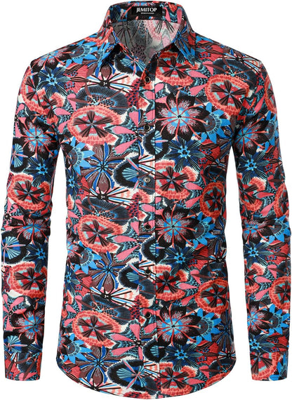 JEMITOP Men's Cotton Linen Vintage 70s Hippie Pattern Printed Long Sleeve Button Down Shirts for Disco Party