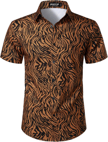 JEMITOP Men's Stretchy Causal Leopard Cheetah Print Short Sleeve Slim Fit Button Up Shirt