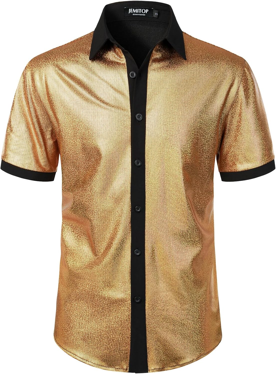 JEMITOP Men's Shiny Metallic Sequin Stretchy Short Sleeve Button Down Shirts for 70s Disco Party Halloween