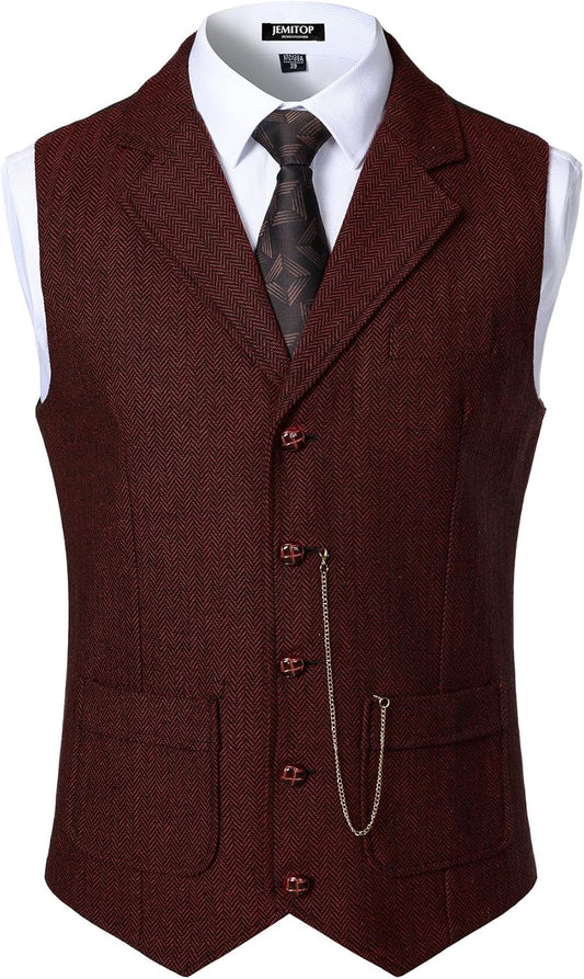 JEMITOP Men's Vintage Slim Fit Suit Vest Formal Prom Party Herringbone Pattern Waistcoat with Chain Detail