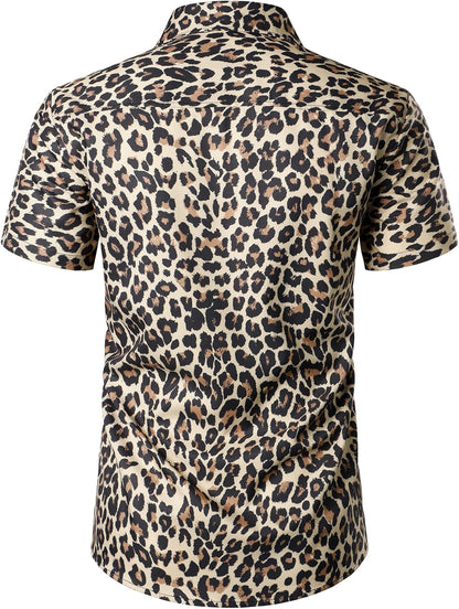 JEMITOP Men's Stretchy Causal Leopard Cheetah Print Short Sleeve Slim Fit Button Up Shirt