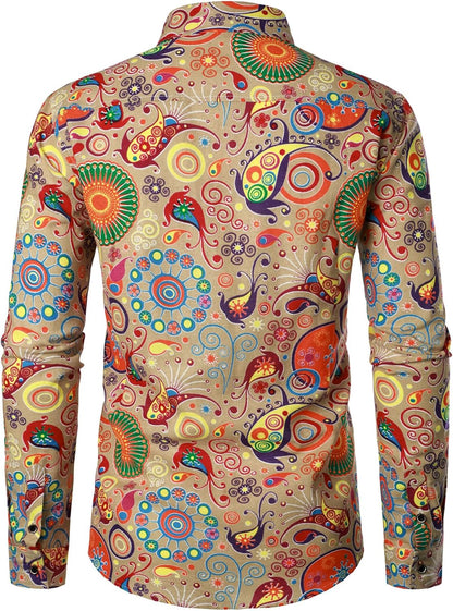 JEMITOP Men's Cotton Linen Vintage 70s Hippie Pattern Printed Long Sleeve Button Down Shirts for Disco Party