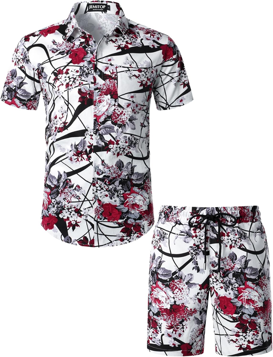 JEMITOP Men's 2 Piece Casual Cotton Stretchy Outfit Short Sleeve Button up Shirt and Shorts Set