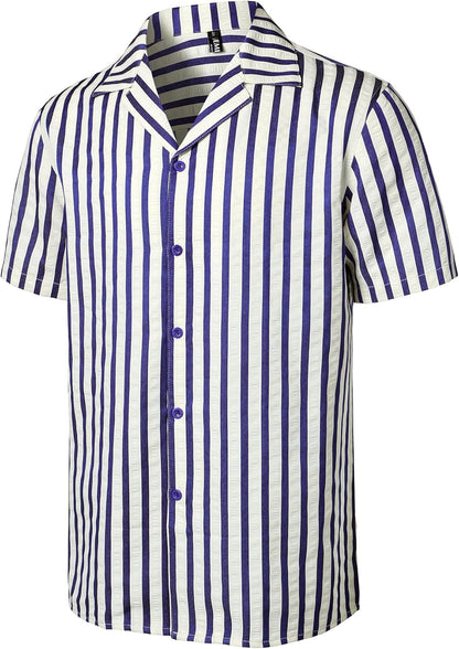 JEMITOP Herren-Hemd mit klassischem Streifenmuster und kubanischem Kragen, Button-Down-Hemd, leichtes, kurzärmeliges Strukturhemd für den Strandurlaub 