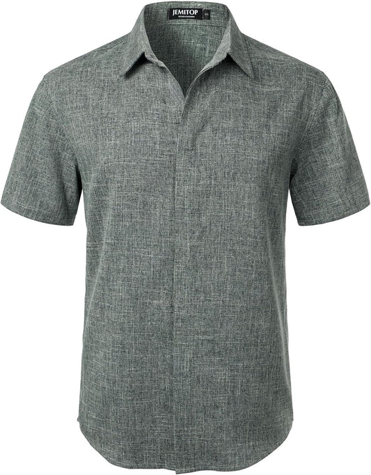 JEMITOP Men's Linen Blend Stretch Wrinkle Free Hidden Button Texture Shirts Summer Short Sleeve Beach Vacation Shirt