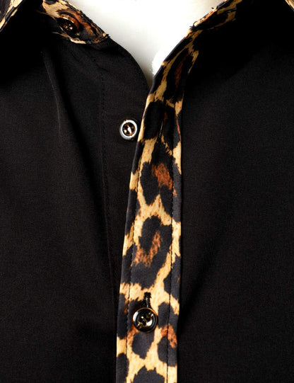JEMITOP Men's Stretchy Causal Leopard Cheetah Print Short Sleeve Slim Fit Button Up Shirt