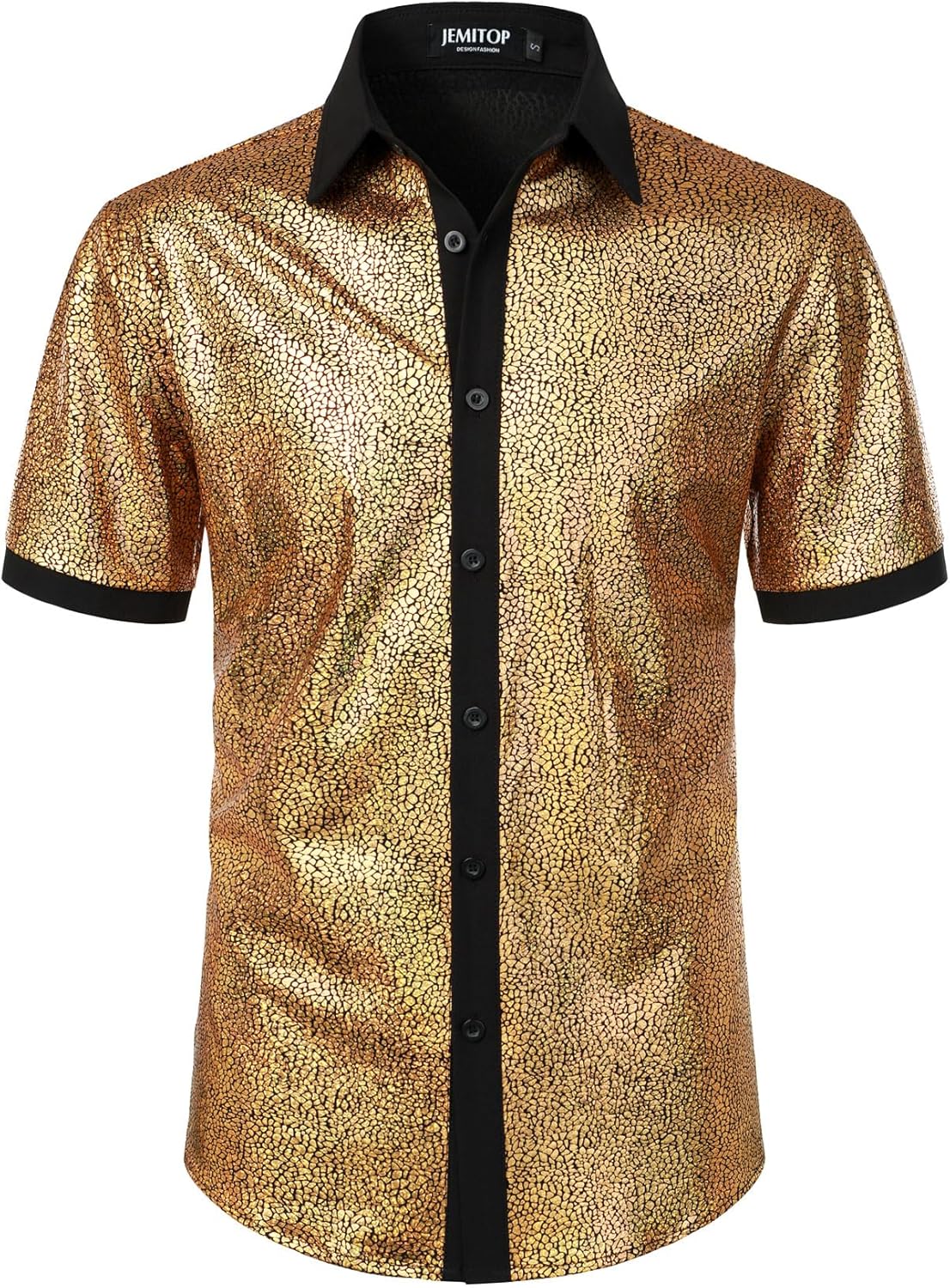 JEMITOP Men's Shiny Metallic Sequin Stretchy Short Sleeve Button Down Shirts for 70s Disco Party Halloween