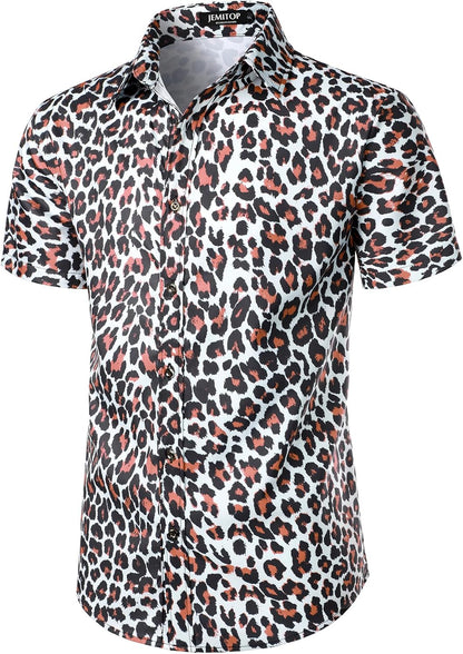 JEMITOP Men's Stretchy Causal Leopard Cheetah Print Short Sleeve Slim Fit Button Up Shirt