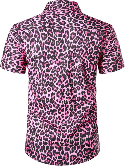 JEMITOP Men's Stretchy Causal Leopard Cheetah Print Short Sleeve Slim Fit Button Up Shirt