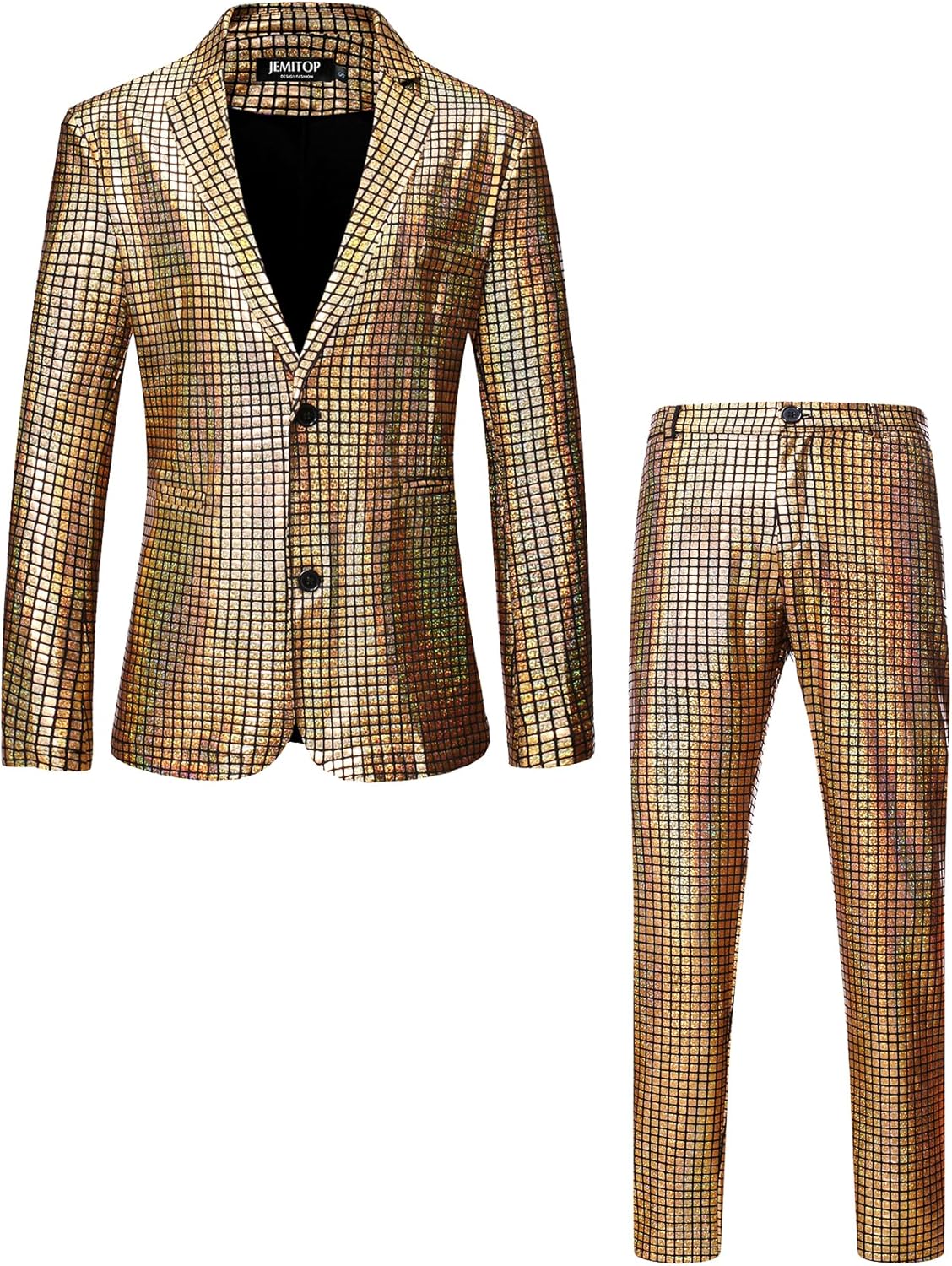 JEMITOP Men's 70s Disco 2 Piece Set Stretchy Shiny Suits Sequin Jacket and Pants