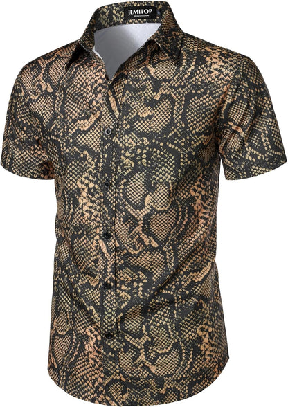 JEMITOP Men's Stretchy Causal Leopard Cheetah Print Short Sleeve Slim Fit Button Up Shirt