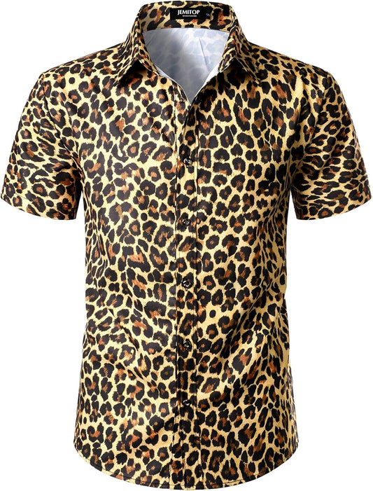 JEMITOP Men's Stretchy Causal Leopard Cheetah Print Short Sleeve Slim Fit Button Up Shirt