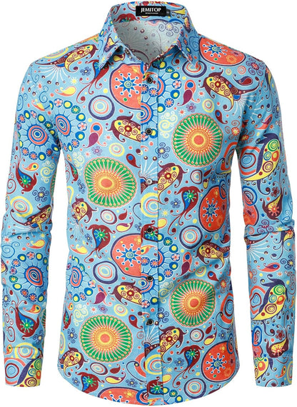 JEMITOP Men's Cotton Linen Vintage 70s Hippie Pattern Printed Long Sleeve Button Down Shirts for Disco Party