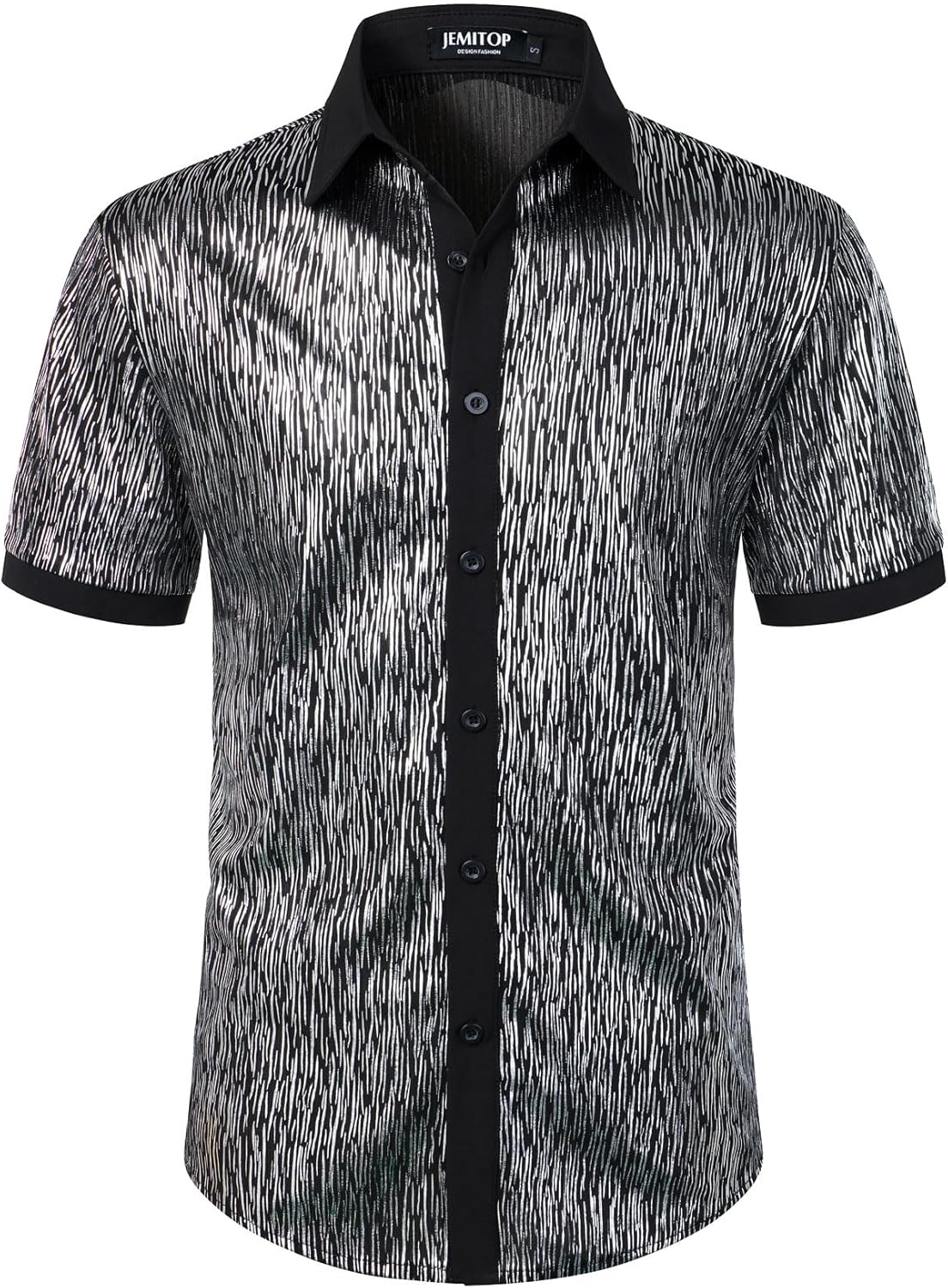 JEMITOP Men's Shiny Metallic Sequin Stretchy Short Sleeve Button Down Shirts for 70s Disco Party Halloween