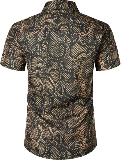 JEMITOP Men's Stretchy Causal Leopard Cheetah Print Short Sleeve Slim Fit Button Up Shirt