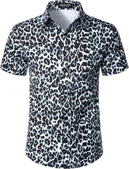 JEMITOP Men's Stretchy Causal Leopard Cheetah Print Short Sleeve Slim Fit Button Up Shirt