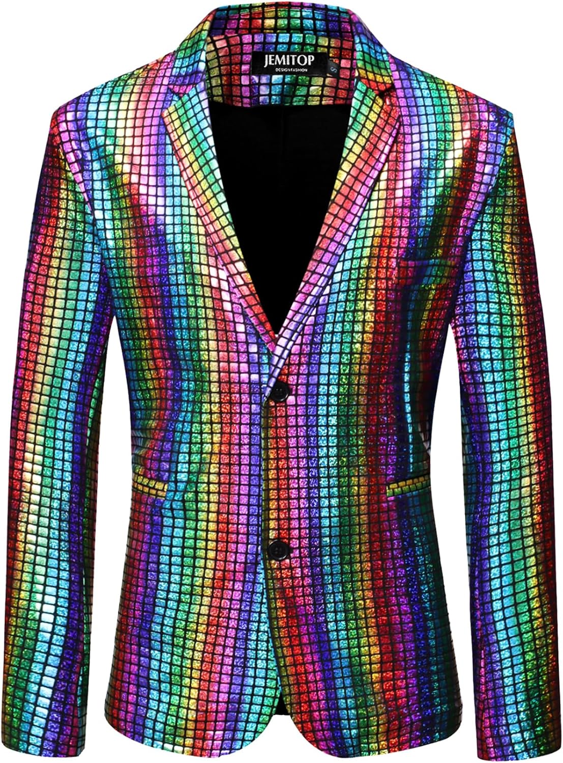 JEMITOP Men's 70s Disco 2 Piece Set Stretchy Shiny Suits Sequin Jacket and Pants