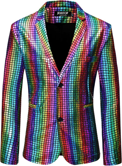 JEMITOP Men's 70s Disco 2 Piece Set Stretchy Shiny Suits Sequin Jacket and Pants