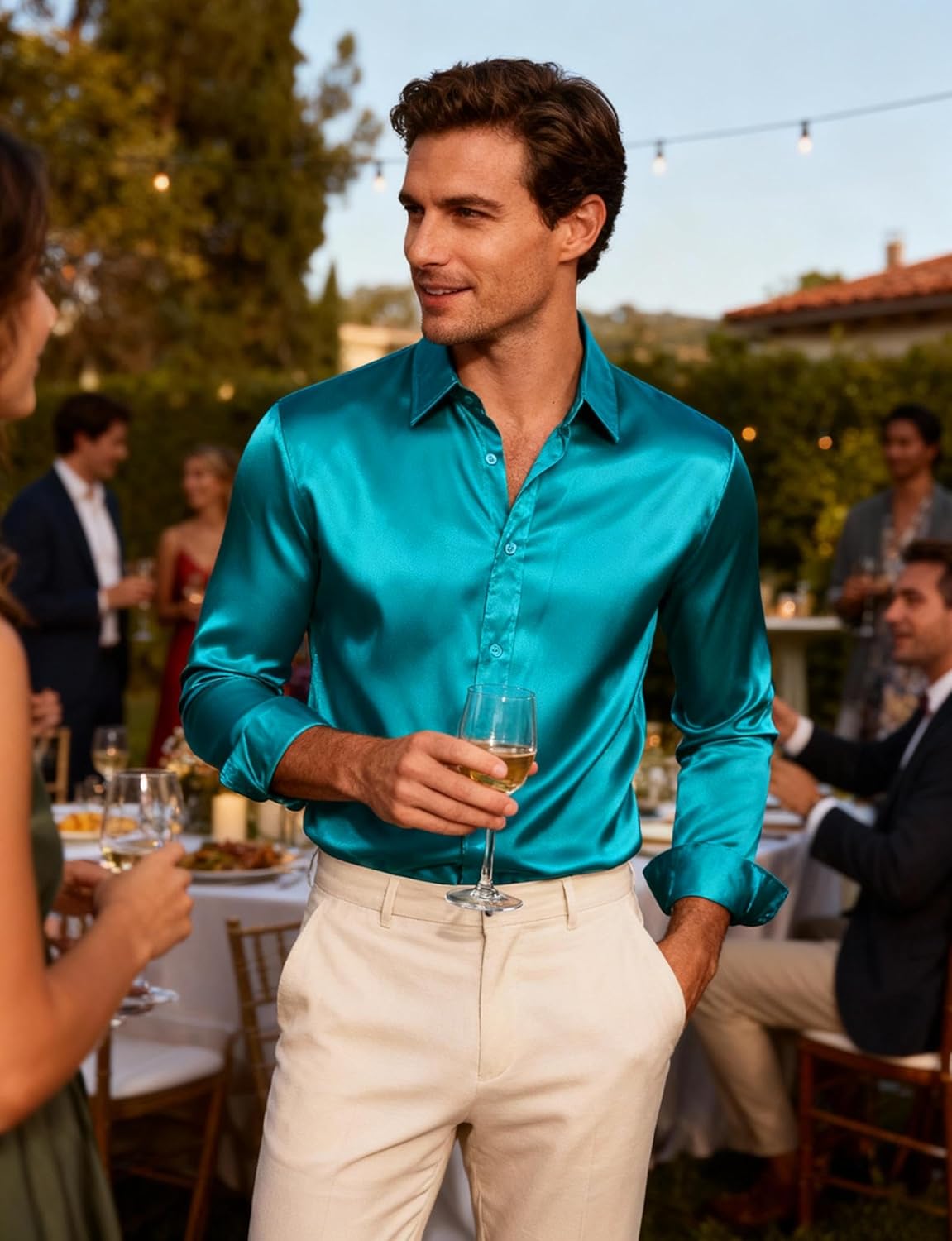 JEMITOP Mens Shiny Luxury Satin Slim Fit Dress Shirts Silk-Like Glossy Long Sleeve Button Down Shirts for Wedding Party Prom