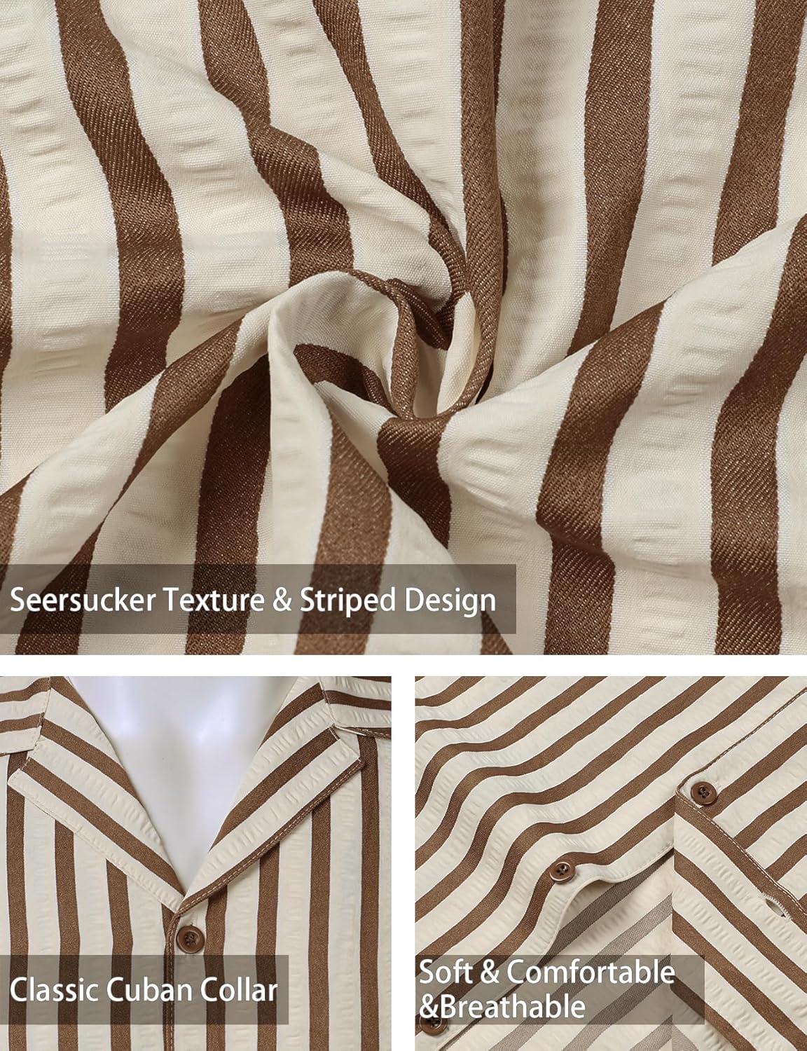 JEMITOP Men's Classic Striped Seersucker Cuban Collar Shirt Short Sleeve Button Down Texture Shirts for Beach Vacation