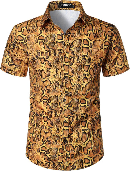 JEMITOP Men's Stretchy Causal Leopard Cheetah Print Short Sleeve Slim Fit Button Up Shirt