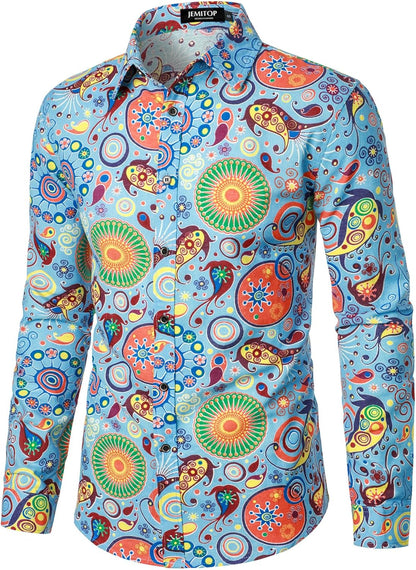 JEMITOP Men's Cotton Linen Vintage 70s Hippie Pattern Printed Long Sleeve Button Down Shirts for Disco Party