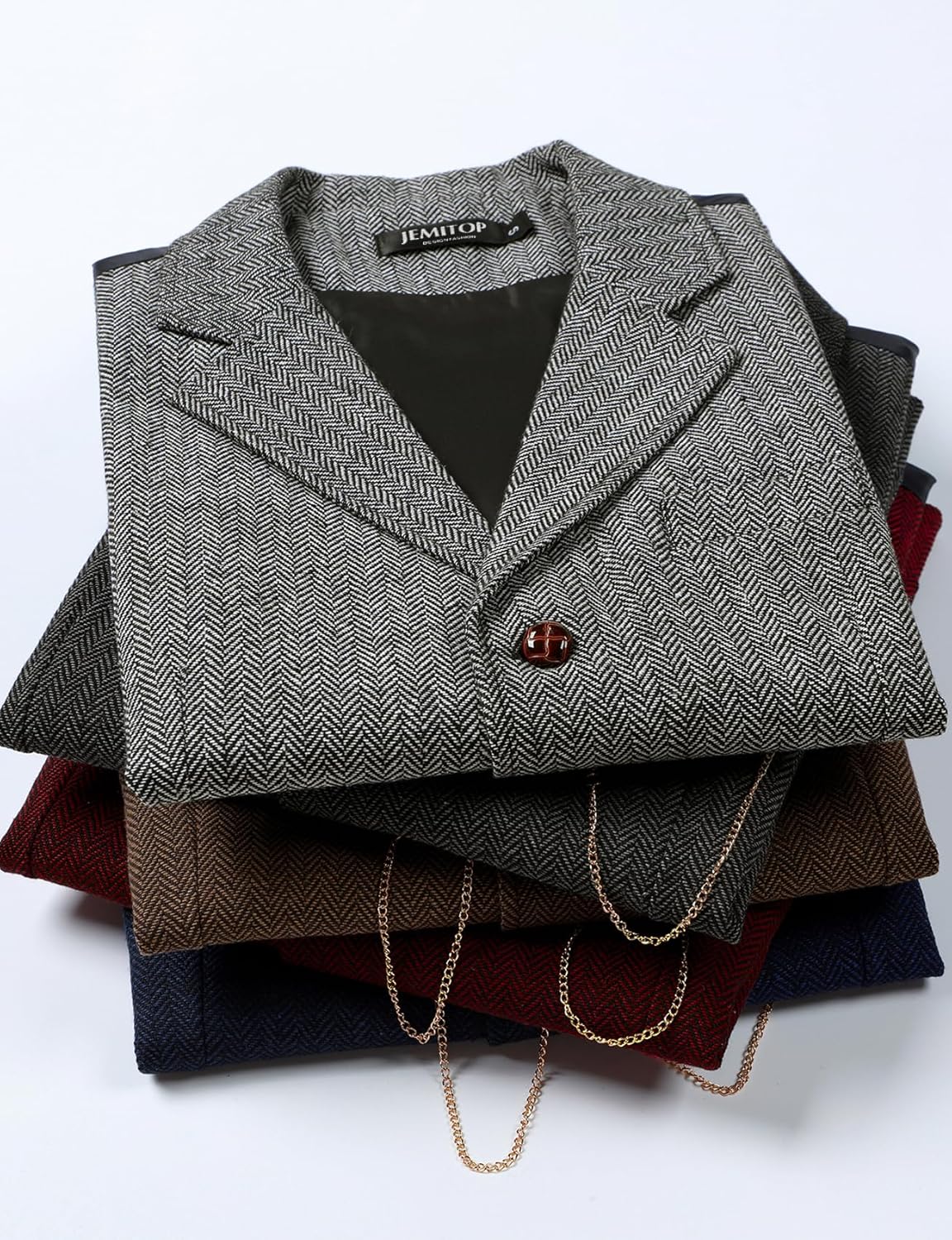 JEMITOP Men's Vintage Slim Fit Suit Vest Formal Prom Party Herringbone Pattern Waistcoat with Chain Detail