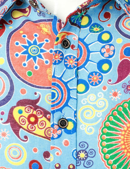 JEMITOP Men's Cotton Linen Vintage 70s Hippie Pattern Printed Long Sleeve Button Down Shirts for Disco Party
