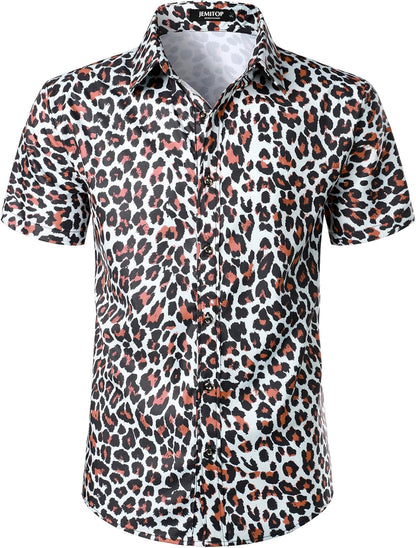 JEMITOP Men's Stretchy Causal Leopard Cheetah Print Short Sleeve Slim Fit Button Up Shirt