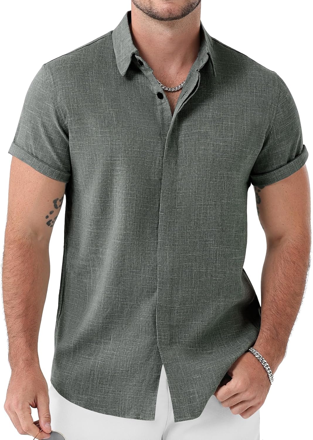 JEMITOP Men's Stretch Like Linen Short Sleeve Button Down Shirts Summer Casual Beach Vacation Wedding Texture Shirt