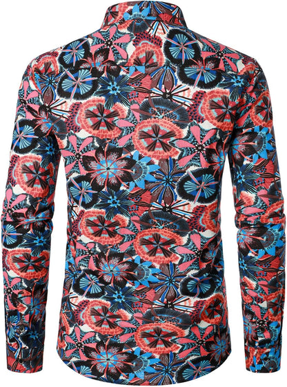JEMITOP Men's Cotton Linen Vintage 70s Hippie Pattern Printed Long Sleeve Button Down Shirts for Disco Party