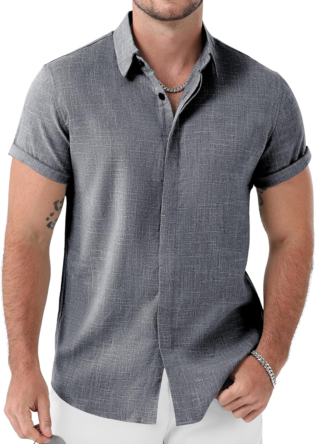 JEMITOP Men's Stretch Like Linen Short Sleeve Button Down Shirts Summer Casual Beach Vacation Wedding Texture Shirt