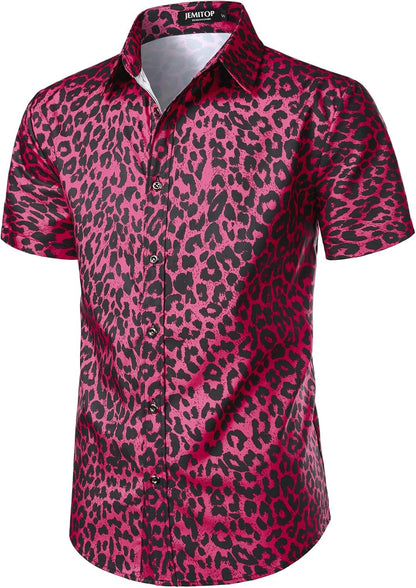 JEMITOP Men's Stretchy Causal Leopard Cheetah Print Short Sleeve Slim Fit Button Up Shirt