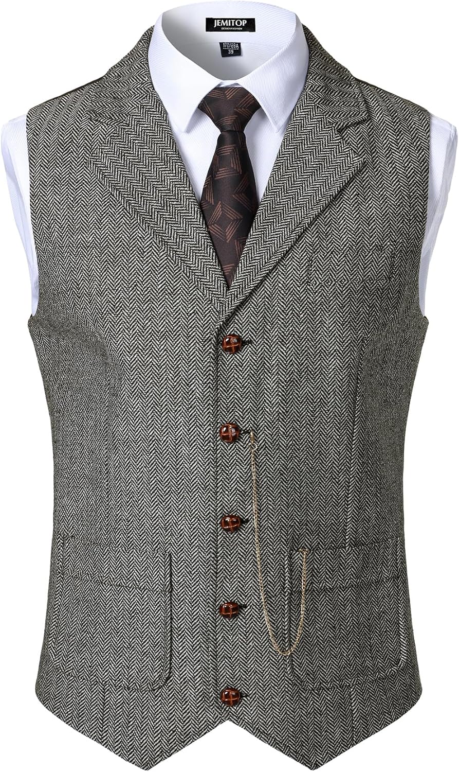 JEMITOP Men's Vintage Slim Fit Suit Vest Formal Prom Party Herringbone Pattern Waistcoat with Chain Detail