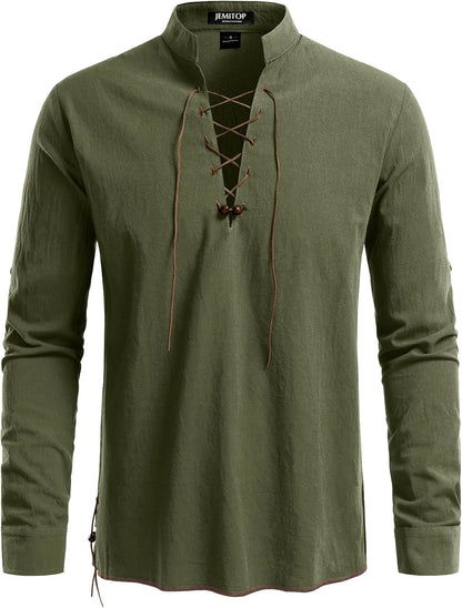 JEMITOP Men's Pure Cotton Retro Lace Up Shirts for Renaissance Pirate Viking Medieval