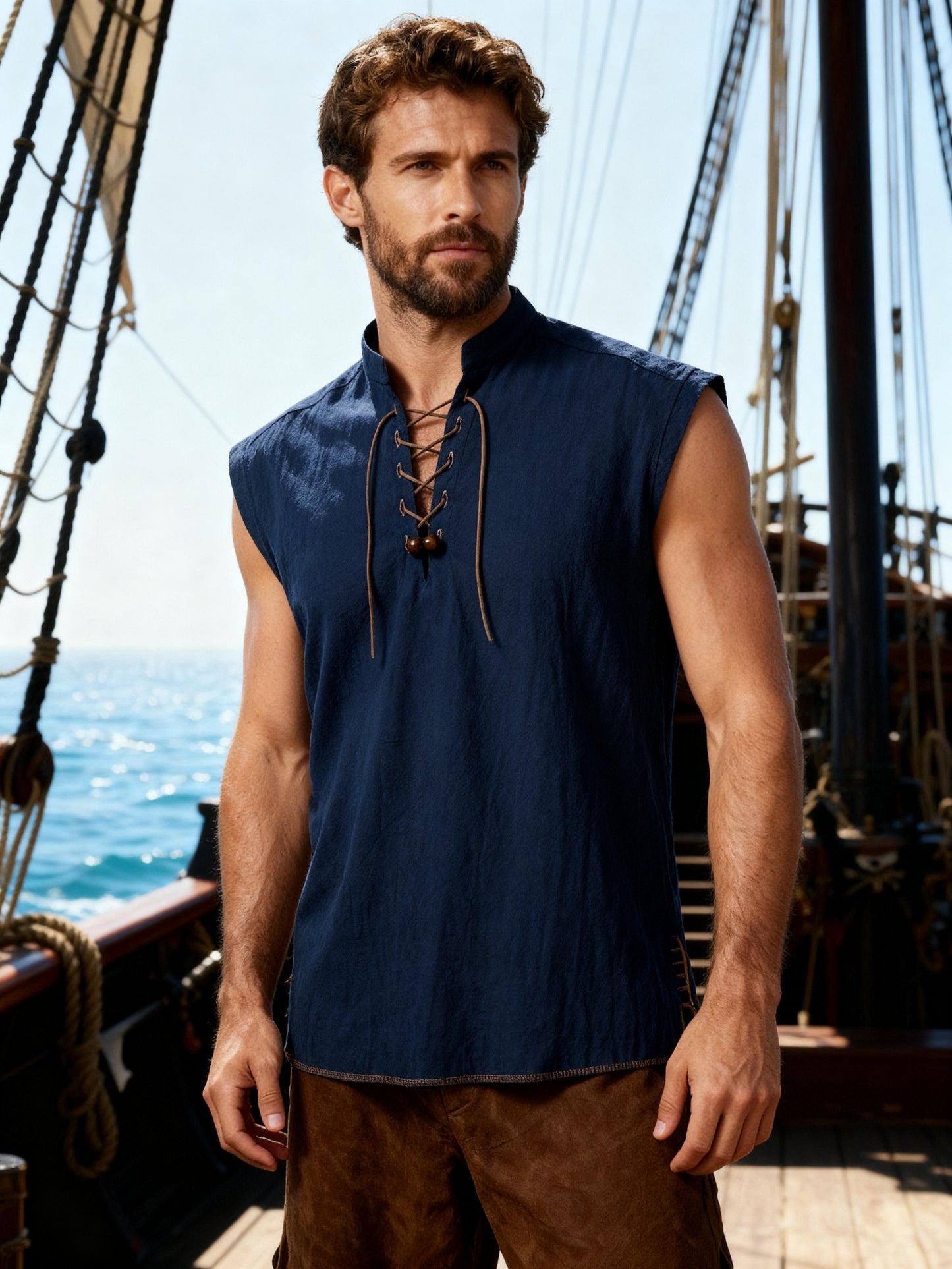 JEMITOP Men's Retro Pure Cotton Lace Up Sleeveless Shirts for Pirate Renaissance Medieval Viking Costume