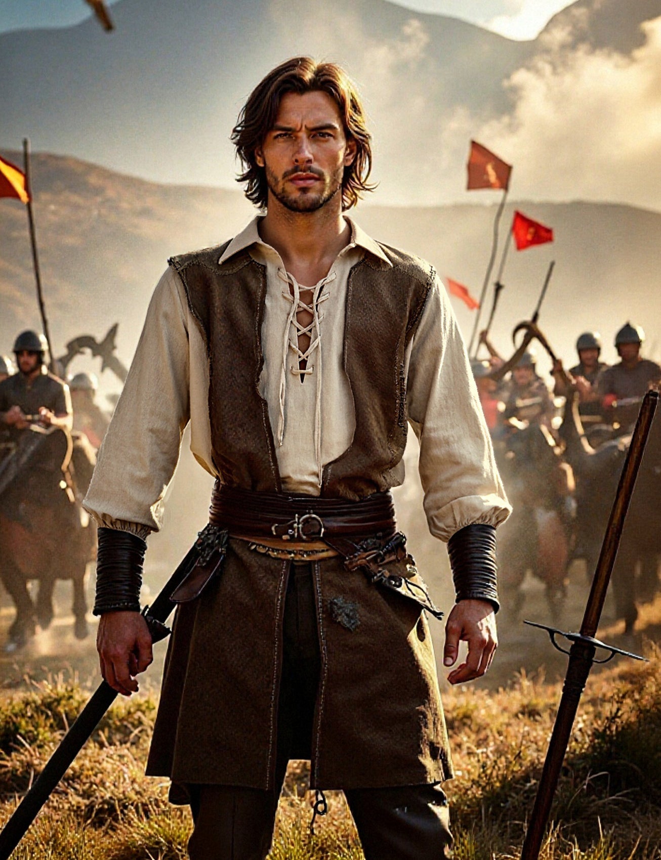 JEMITOP Men's Cotton Lace Up Retro Design Shirts for Renaissance Pirate Viking Medieval Costume Without Belt