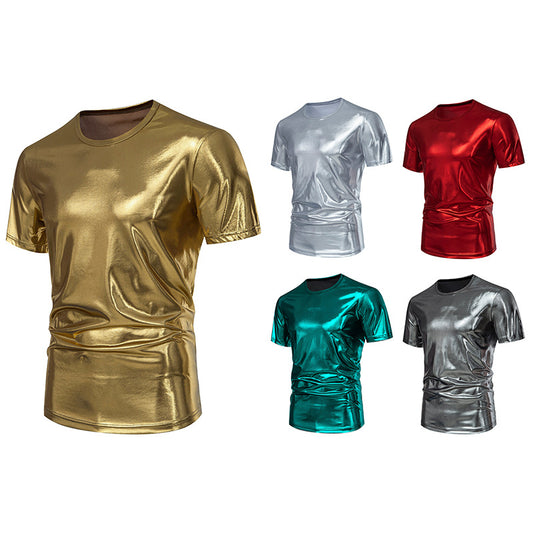 JEMITOP Men's Party Stage Glossy Short Sleeve Crew Neck T-Shirt