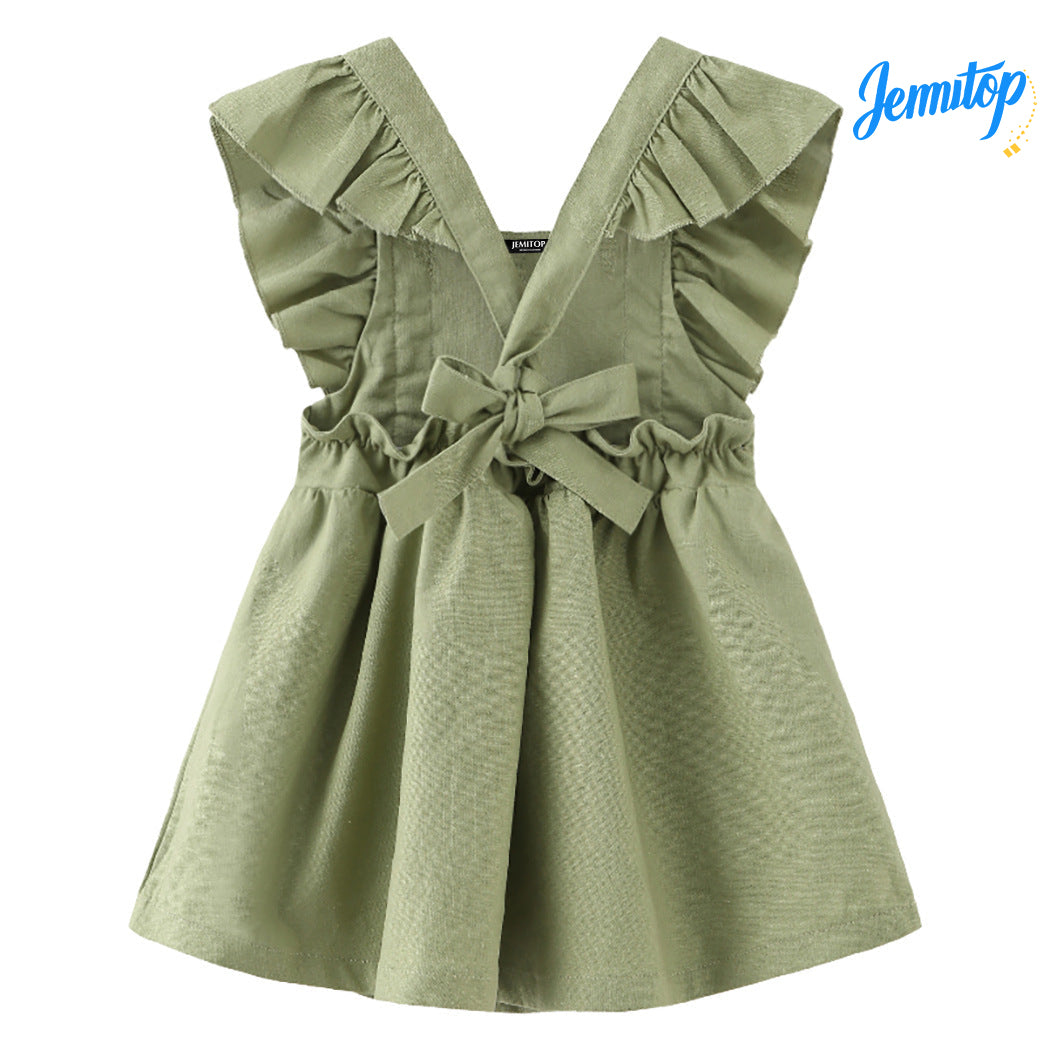 JEMITOP Girls' Summer Beach Dress with Bow Detail - Flared Cotton-Linen Sun Dress