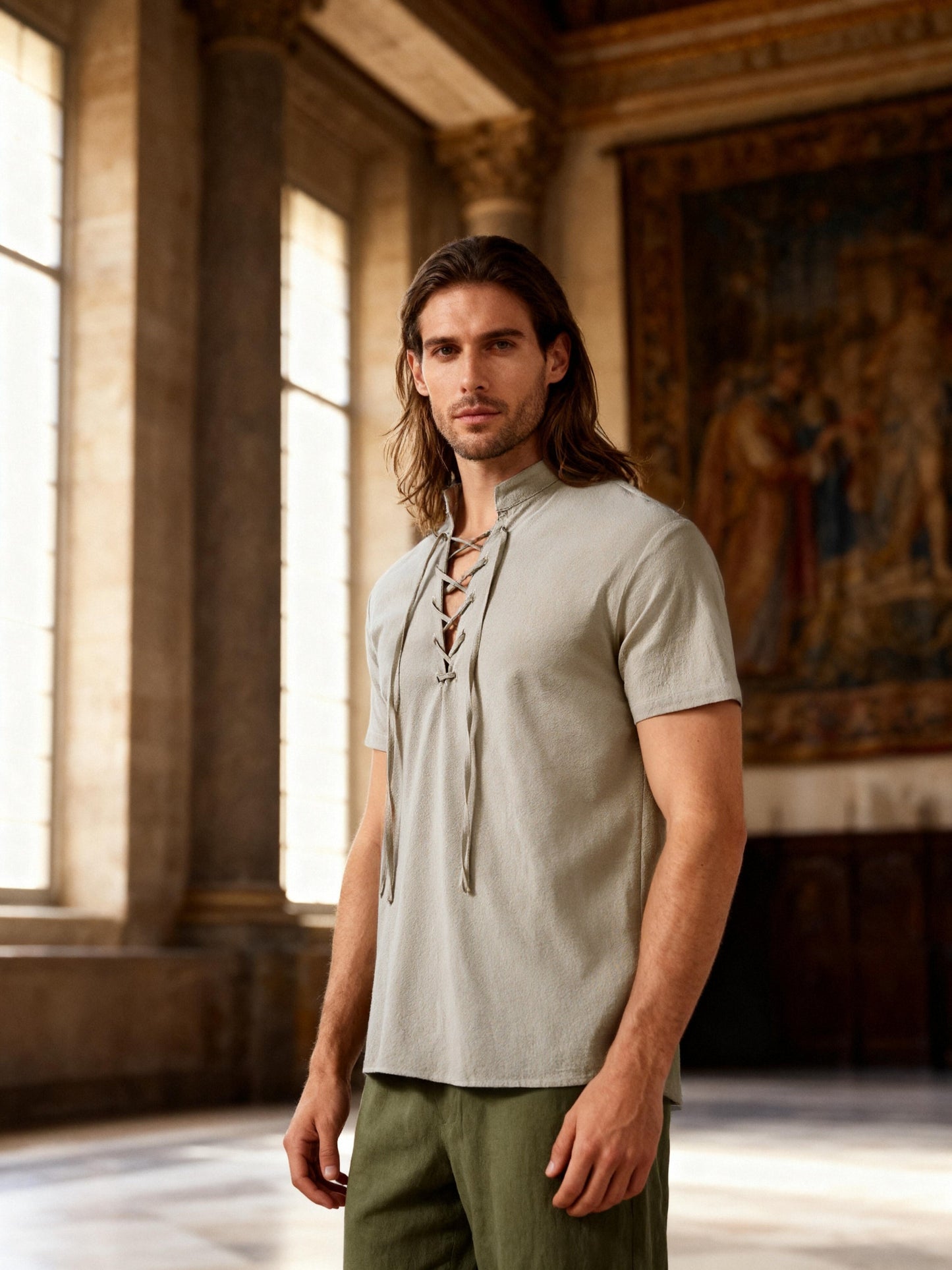 JEMITOP Men's Pure Cotton Vintage Short Sleeve Lace Up Shirts for Renaissance Pirate Viking Medieval Costume