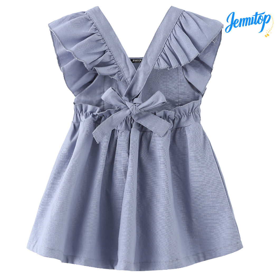 JEMITOP Girls' Summer Beach Dress with Bow Detail - Flared Cotton-Linen Sun Dress