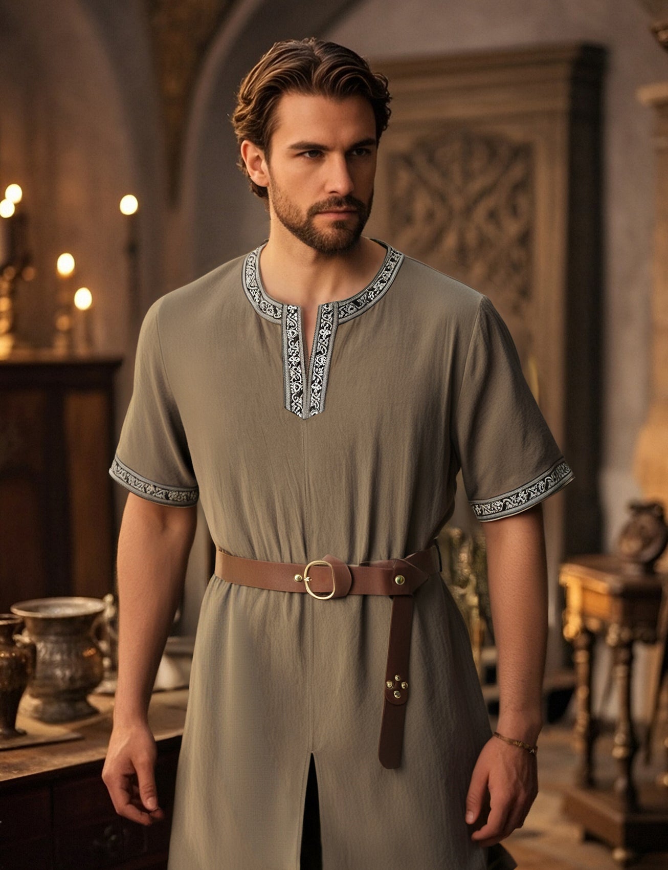 JEMITOP Men's Retro Style Cotton Short Sleeves Tunic Shirts for Viking Medieval Renaissance Costume Without Belt