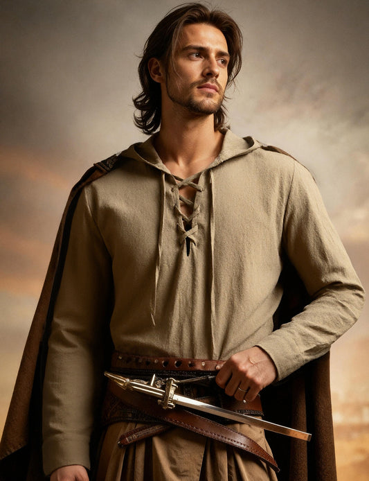JEMITOP Men's Pure Cotton Retro Style Lace Up Hooded Shirts for Renaissance Pirate Viking Medieval Costume
