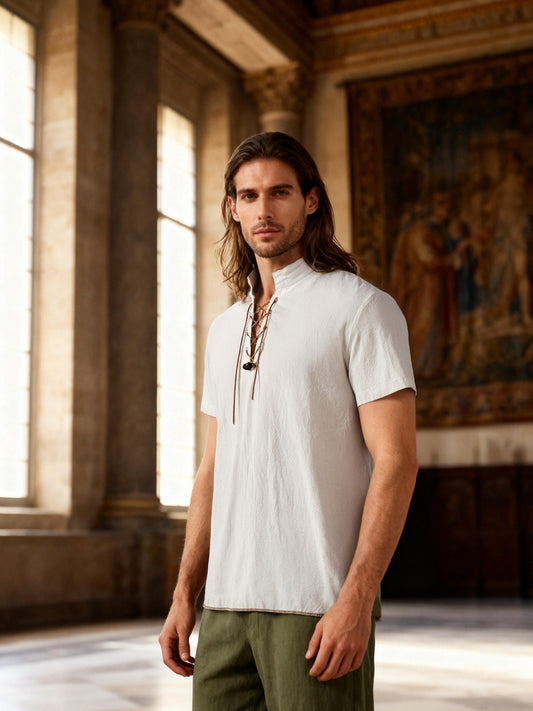 JEMITOP Men's Pure Cotton Vintage Short Sleeve Lace Up Shirts for Renaissance Pirate Viking Medieval Costume