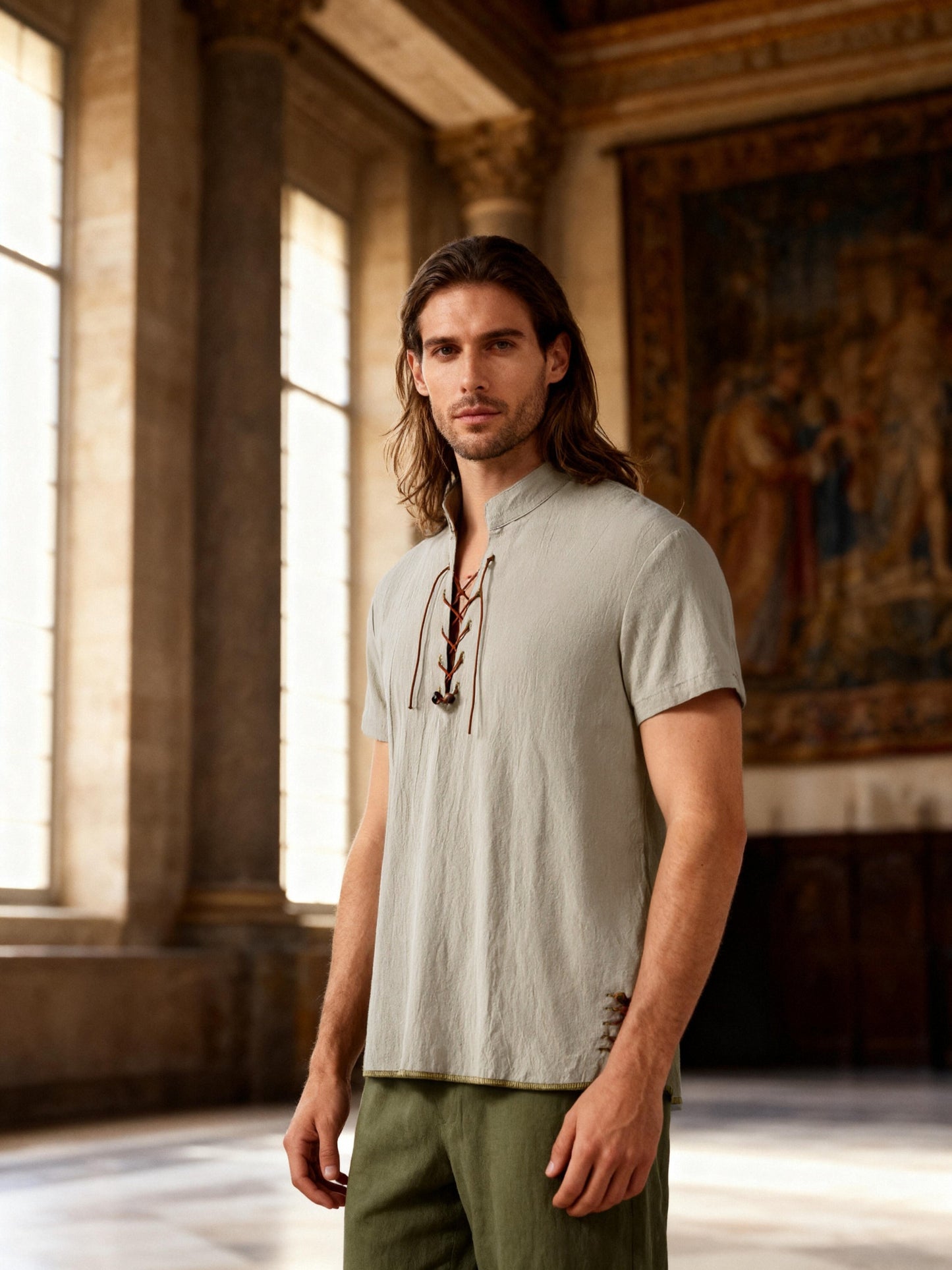 JEMITOP Men's Pure Cotton Vintage Short Sleeve Lace Up Shirts for Renaissance Pirate Viking Medieval Costume